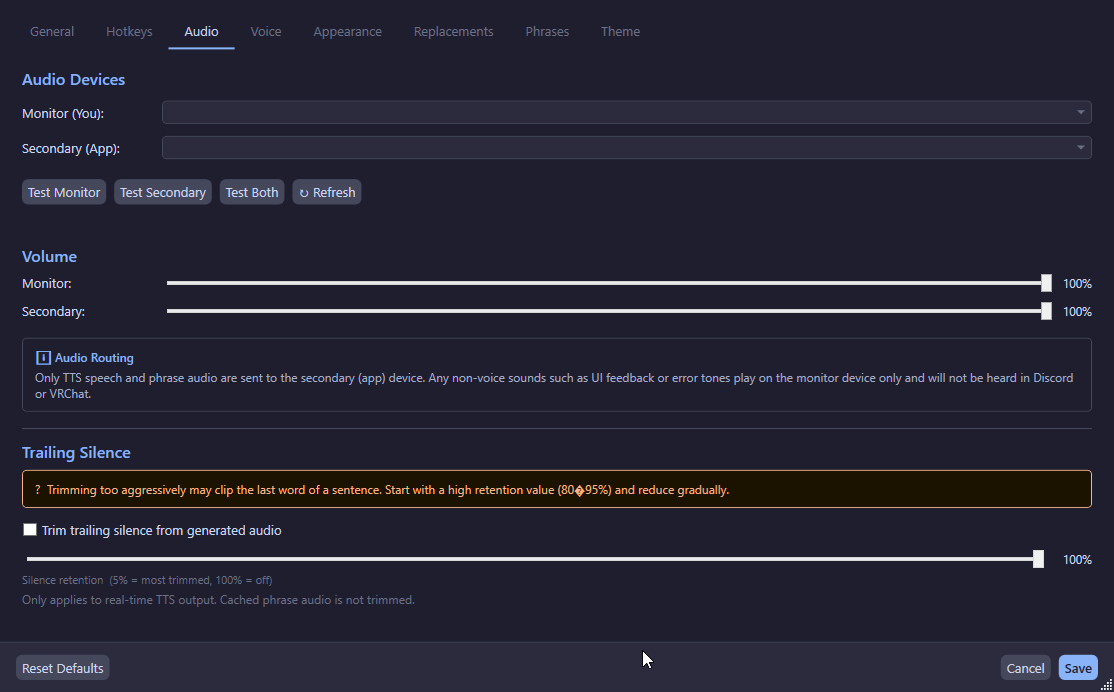 First-run settings window showing device selection dropdowns and test buttons.