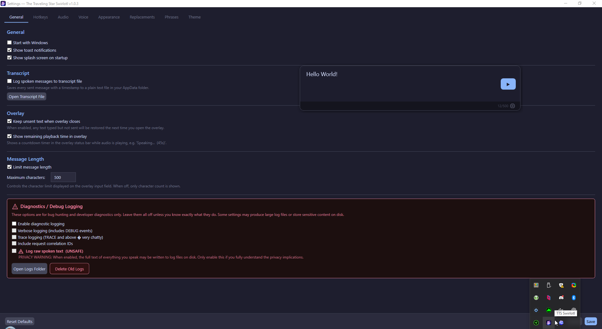Main application showing the system tray icon, overlay input window, and settings window demonstrating the core workflow.