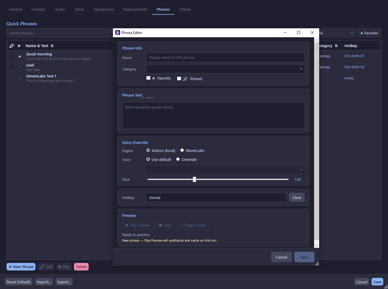 Phrase Editor window showing text fields, voice override options, and preview controls.
