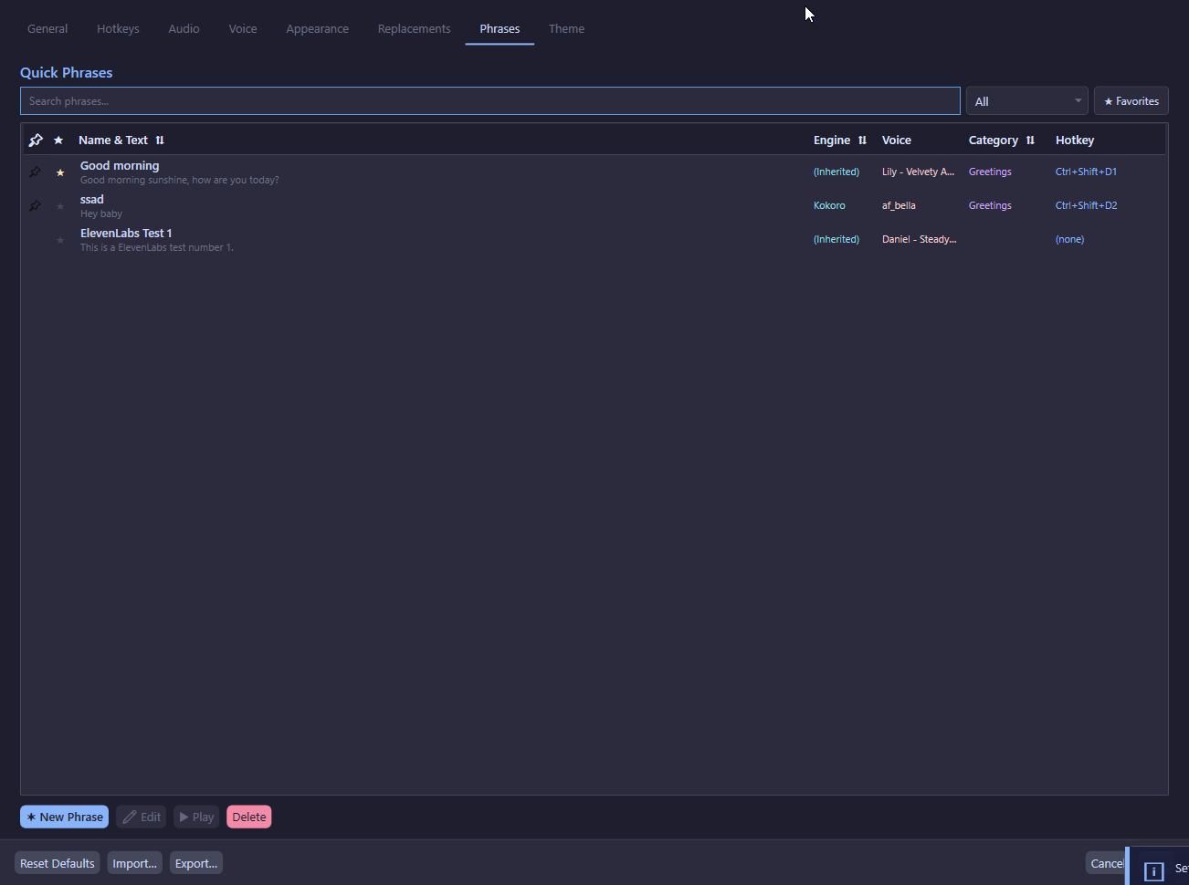Phrase Manager showing the list of saved phrases with search, category filter, and favorites toggle.