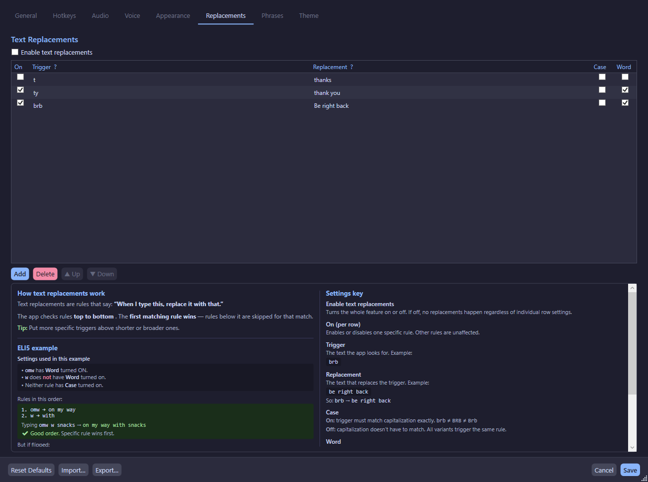 Replacements tab showing a list of text replacement rules with trigger/replacement fields and enable toggles.