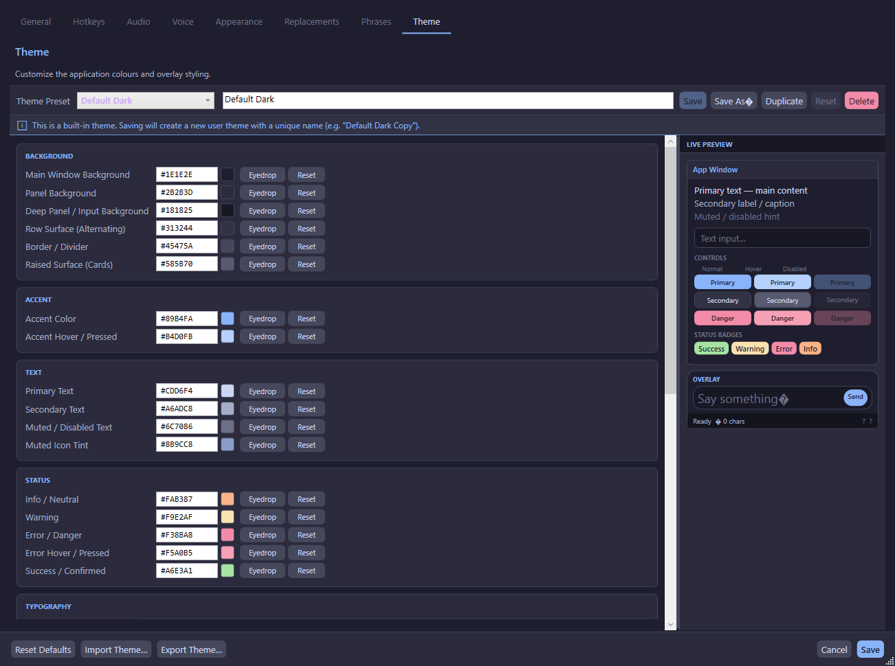Theme editor showing the colour swatches, preview pane, and preset dropdown.