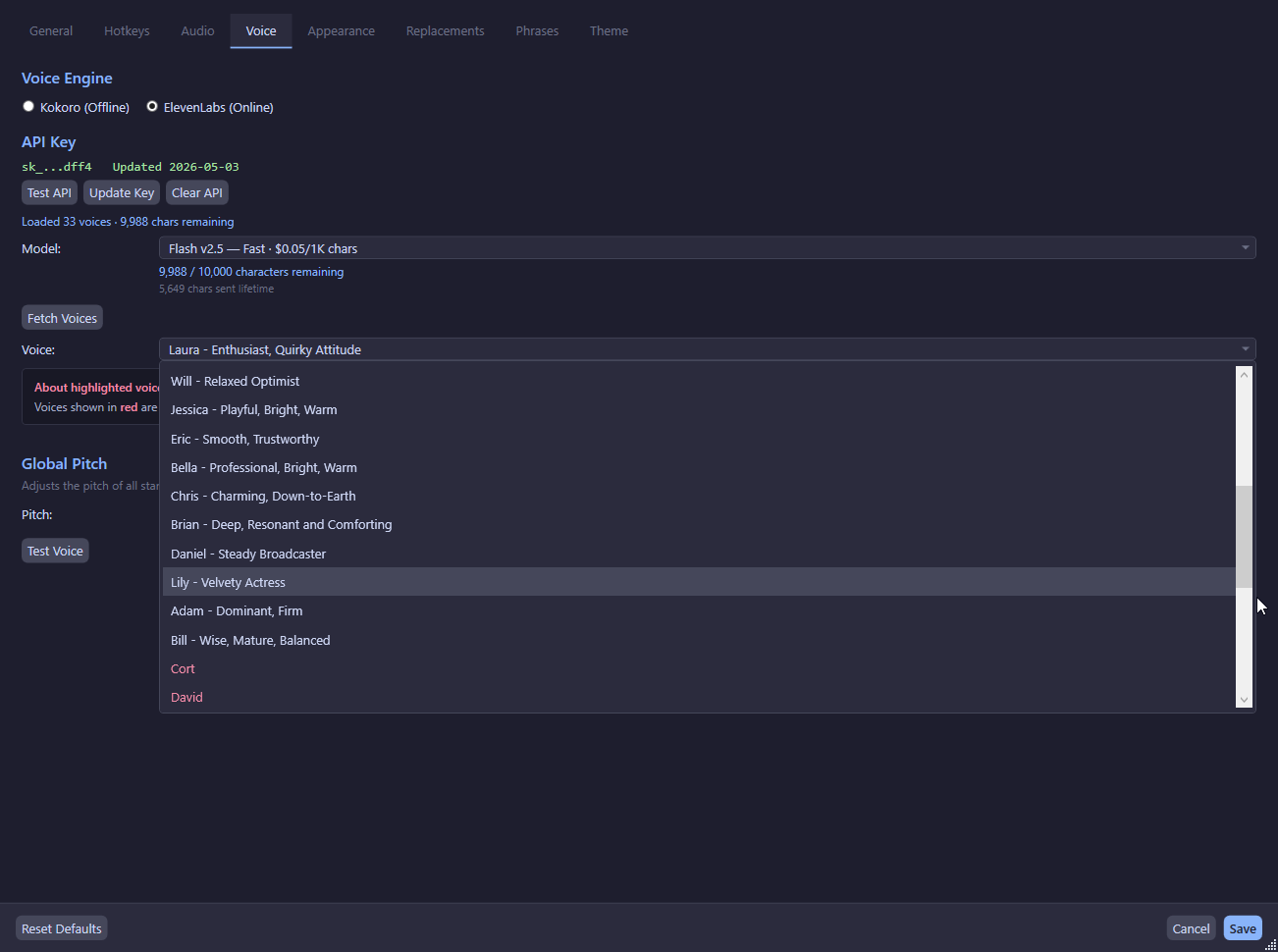Voice settings tab showing ElevenLabs engine selected with API key entry field and voice dropdown.