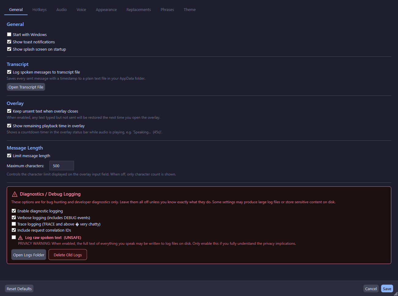 Settings window showing the tabbed interface with General, Hotkeys, Audio, Voice, Phrases, Appearance, and Theme tabs.