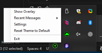 System tray area showing the VoxBridge icon (a speech bubble icon) highlighted.